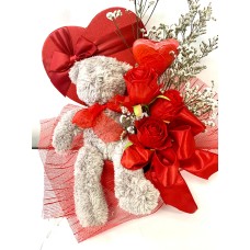 Teddy Heart Box with Chocolate and Flowers